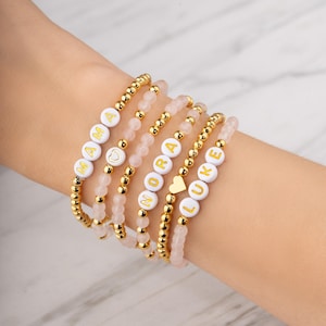 Custom Bracelet Stack, Beaded Name Bracelet, Personalized Layering Set, Minimalist Stacking Jewelry, Mama Stackable Bracelets, Rose Quartz
