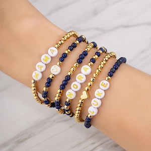 Custom Bracelet Stack, Beaded Name Bracelet, Personalized Layering Set, Minimalist Stacking Jewelry, Mama Stackable Bracelets, Lapis Lazuli