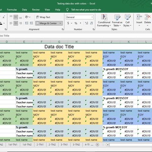 May include: A screenshot of an Excel spreadsheet labelled "Data doc Title." The spreadsheet displays rows and columns of data, including text and numbers. The cells are colour-coded in green, yellow, and blue.