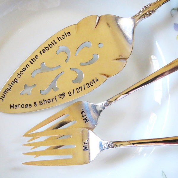 Hand Stamped Silverplate Cake Server Set: Alice in Wonderland Wedding