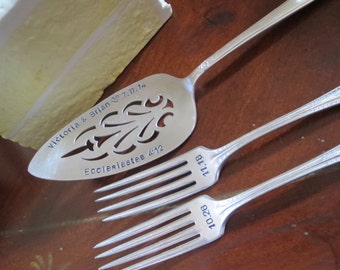 Weddings, Wedding Decor, Wedding Table Setting, Silver plate Cake Server. Cake Forks. Hand Stamped, PERSONALIZE and CUSTOMIZE your own