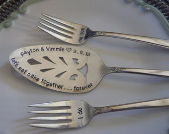 Weddings, Wedding Decor, Wedding Table Setting, Silver plate Cake Server. Cake Forks. Hand Stamped, PERSONALIZE and CUSTOMIZE your own