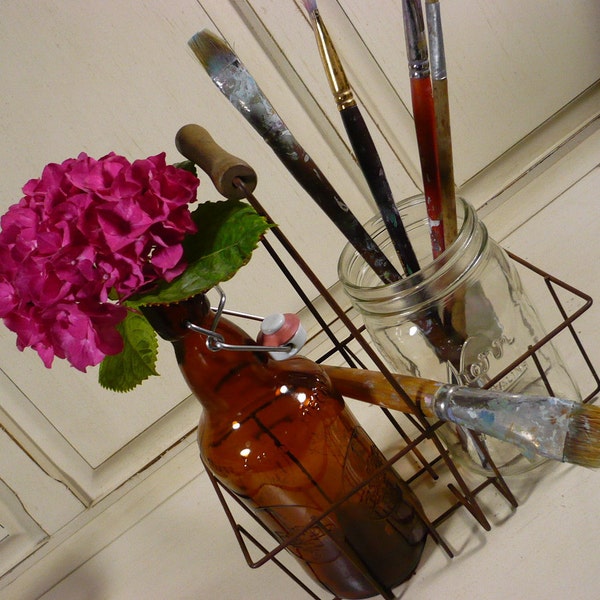 Reserved for RP Vintage Wire Bottle Carrier Basket, Farmhouse, Rustic, Primitive