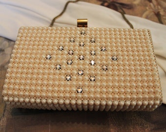 Handbag, Evening Bag, Purse, Pearl Bag, Vintage Box Style Evening Bag, Hard Sided Purse, Pearls with Crystals, Wedding, Prom, Formal