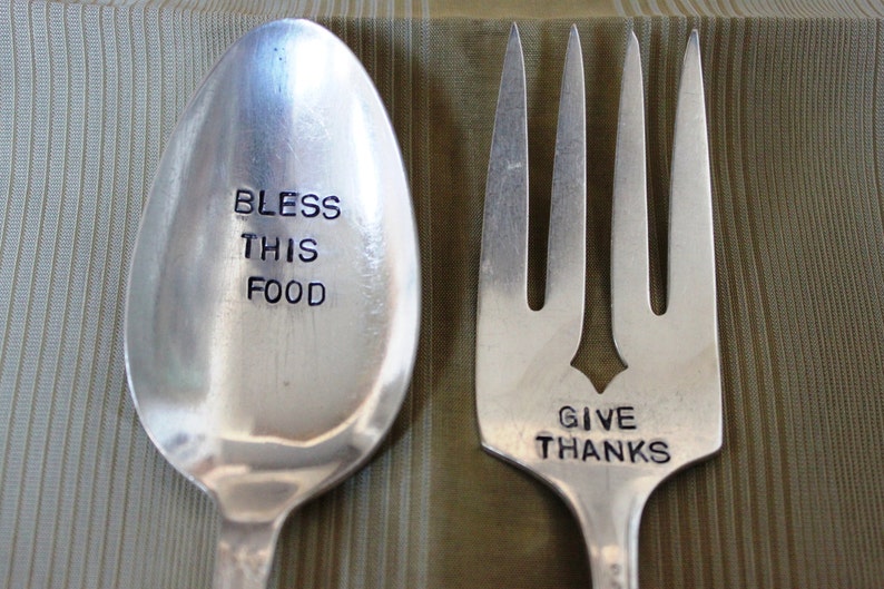Vintage Silverplate, Eat Well, Love Much, Give Thanks, Hand Stamped, Serving Set, Table Setting, Holiday Table, Hostess Gift, Ready to Ship image 4