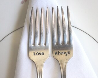 Wedding Forks, Cake Tasting Forks, Wedding Table Setting, Hand Stamped, Love Always, Ready to Ship
