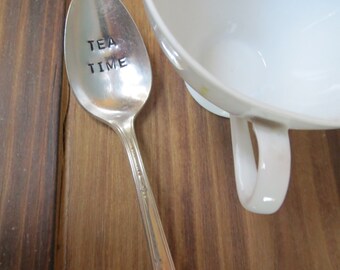 Hand Stamped Vintage Teaspoon: Tea Time Silverplate Spoon