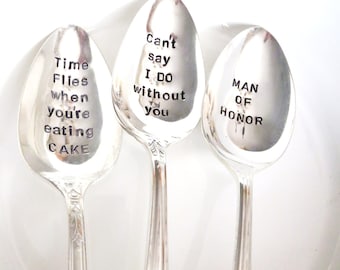 Spoons, Wedding Spoons, Bridesmaid, Maid of Honor, hand stamped silverware, Custom coffee spoons make a unique engagement gift idea under 25