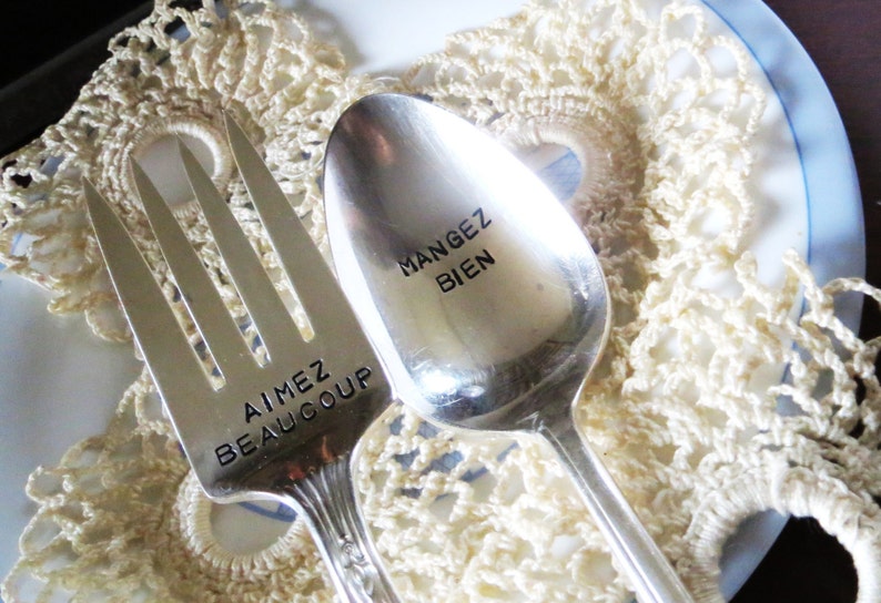 Vintage Silverplate, Eat Well, Love Much, Give Thanks, Hand Stamped, Serving Set, Table Setting, Holiday Table, Hostess Gift, Ready to Ship image 2