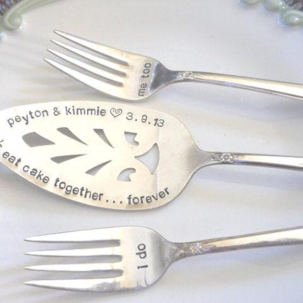 Personalized Silverplate Wedding Cake Server Set: Hand Stamped Forks