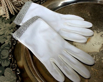Vintage Gloves, White Gloves with Silver Gimp Braid, Wrist Length, Ladies Evening Gloves