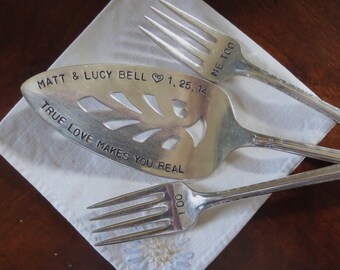 Vintage Wedding, Fairy Tale, Table Setting, Disney Wedding, Princess Bride, Silver plate Cake Server, Cake Forks, Hand Stamped, PERSONALIZE