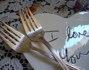 Weddings, Table Decor, Dessert Forks, Tasting Forks, I Do Me Too, Bride Groom, Hand Stamped Mr & Mrs Wedding Forks