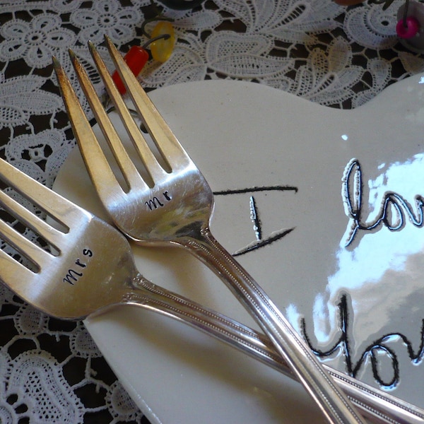 Weddings, Table Decor, Dessert Forks, Tasting Forks, I Do Me Too, Bride Groom, Hand Stamped Mr & Mrs Wedding Forks