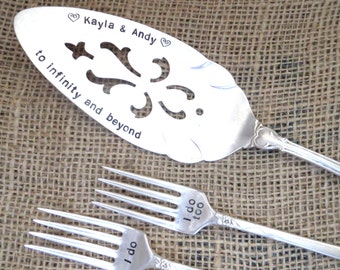 PERSONALIZED, Disney Wedding, HandStamped Vintage Cake Server & Fork Set, Add Your Names and Wedding Date - Serve and Eat Your Cake In Style