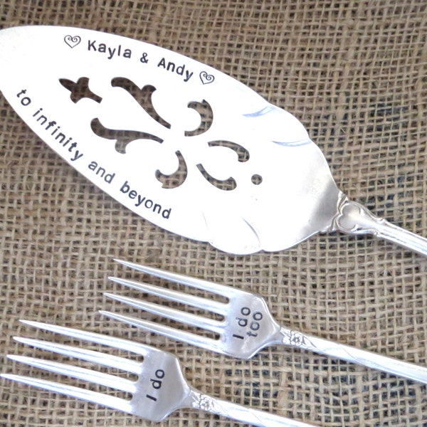 PERSONALIZED, Disney Wedding, HandStamped Vintage Cake Server & Fork Set, Add Your Names and Wedding Date - Serve and Eat Your Cake In Style