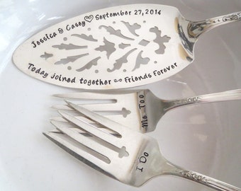 Weddings, Wedding Decor, Wedding Table Setting, Silver plate Cake Server. Cake Forks. Hand Stamped, PERSONALIZE and CUSTOMIZE your own