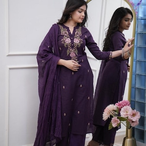 Elegant Purple Embroidered Indian Kurta Set | 3-Piece Ethnic Suit with Dupatta | Festive Wear | Handmade Cotton Blend Outfit