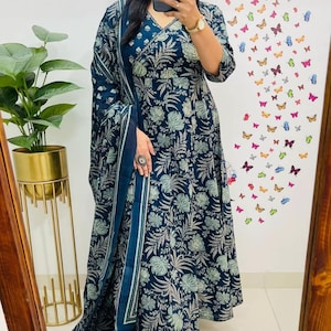 Elegant Indigo Blue Floral Anarkali Kurti Set with Dupatta – Ethnic Indian Outfit for Women