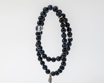 Pulsera de doble vuelta de ojo de tigre azul hecha a mano: piedra lunar, azeztulita y plata tailandesa / Pulsera de 6 mm