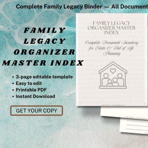 Familie Vermächtnis Organizer Master Index | Komplettes Nachlass Ordner Kartei Blatt | executor Planer Deckblatt | End-of-Life Ordner Organisation |