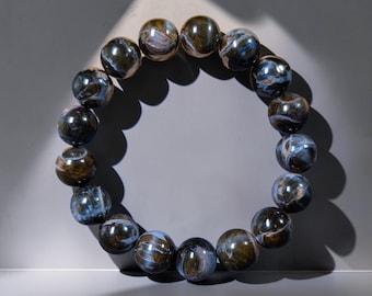 Pulsera de piedra preciosa pietersita marrón, 12 mm, pulsera de piedra natural con propiedades curativas.