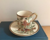 4 Vintage Satsuma Cups with 1 Saucer Soko-China Hand Painted Japan Geisha Flowers Plants