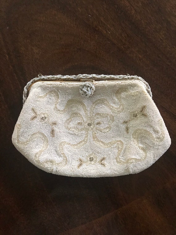 Vintage White & Ivory Beaded Evening Bag / Bridal 