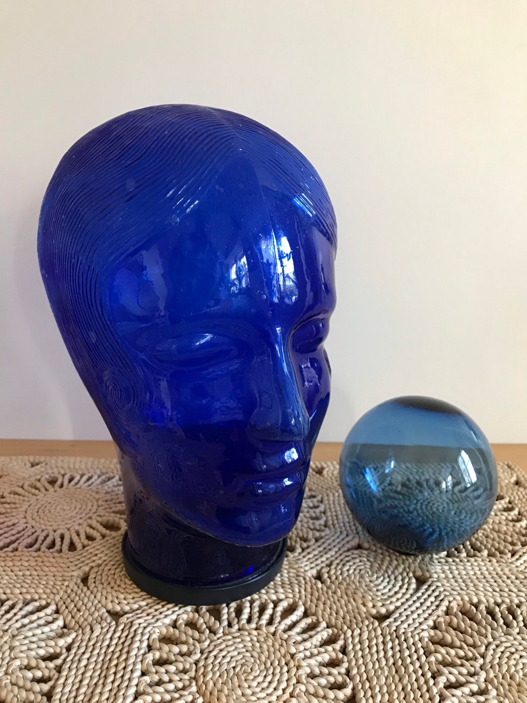 Vintage Glass Head Sculpture, Blue Glass Cobalt Blue 11 Head, Deco