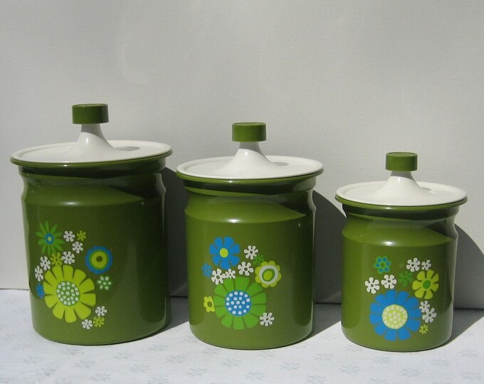 Kromex Canister Set Green Enamel 1960s Retro Flowers Etsy