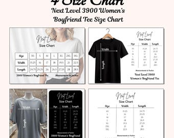 Paquete de tablas de tallas Next Level 3900, guía de tallas de camisetas boyfriend para mujer, tabla de medidas de camisetas ajustadas y paquete de tablas de tallas imprimibles.