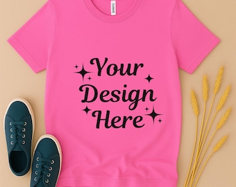 Bella Canvas 3001 Charity Pink T-Shirt Mockup | Minimal Flat Lay Tee | Neutral Unisex Shirt | Digital Download (JPG & PNG)