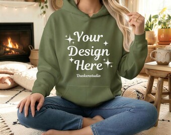 Military Green Hoodie Mockup | Gildan 18500 Hoodie Mockup | Cozy Lifestyle POD Mockup(JPG & PNG)