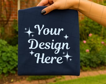 Navy Comfort Colors 1717 Shirt Mockup, Hand Holding Folded Tee, Unisex Flat Lay Mockup (JPG & PNG)