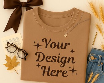 Comfort Colors 1717 Latte T-Shirt Mockup, Neutral Flat Lay Crewneck, Minimal Folded Unisex Sweater(JPG & PNG)