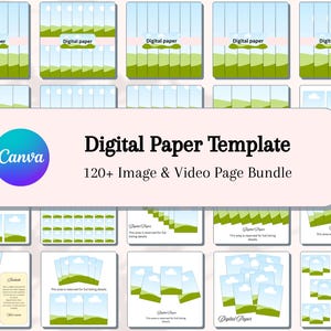 Könnte beinhalten: Ein digitales Papiervorlagen-Bundle mit über 120 Bildern und Videoseiten. Das Design zeigt ein hellrosa Banner mit dem Text "Digital Paper Template" und dem Canva-Logo. Die Vorlage enthält verschiedene Layouts mit grünen und blauen Farbschemata.
