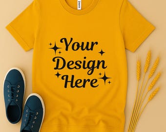 Bella Canvas 3001 Mustard T-Shirt Mockup | Minimal Flat Lay Tee | Neutral Unisex Shirt | Digital Download (JPG & PNG)