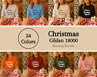 Gildan 18000 Christmas Mockup Bundle, 24 Cozy Crewneck Sweatshirt Mockups, Cozy Casual Holiday Christmas Aesthetic