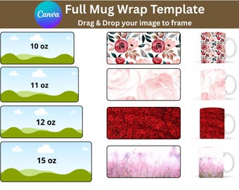 Full Mug Wrap Mockup Template, 10oz 11oz 12oz 15oz Mug Sizes, 8.5x11 Canva Editable, Sublimation Mug Wrap Frame, Drag & Drop Canva Free