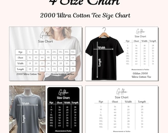 Gildan 2000 Size Chart Bundle, Ultra Cotton Tee Size Guide, Unisex T-Shirt Measurement Chart, Printable Size Chart Pack, Gildan 2000 Mockup