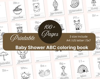 Baby’s First ABC Book Printable, A-Z Coloring Pages, 4 Versions, General, Animal, Food, Blank, Baby Shower Game & Gift, A4, US Letter, 5x7