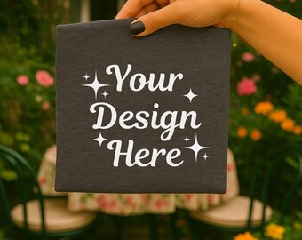 Bella Canvas 3001 Dark Grey Heather T-Shirt Mockup, Hand Holding Folded Tee, Minimal Neutral Unisex Shirt, Digital Download (JPG & PNG)