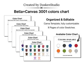 Bella+Canvas 3001 Color Chart, Editable Canva Template, T-Shirt Mockup Color Swatches for POD & Sellers (60+ Colors)