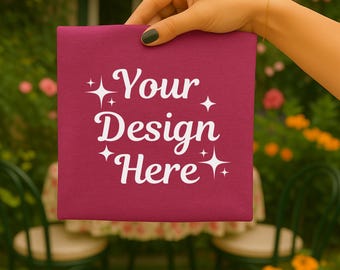 Bella Canvas 3001 Berry T-Shirt Mockup, Hand Holding Folded Tee, Minimal Neutral Unisex Shirt, Digital Download (JPG & PNG)