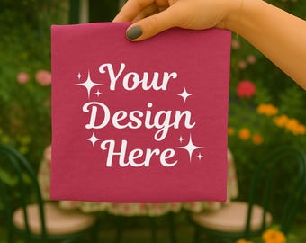 Bella Canvas 3001 Heather Raspberry T-Shirt Mockup, Hand Holding Folded Tee, Minimal Neutral Unisex Shirt, Digital Download (JPG & PNG)