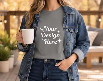 Grey Comfort Colors 1717 T-Shirt Mockup |  CC 1717 Lifestyle Tee | Outdoor Lifestyle Mockup (JPG & PNG)