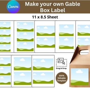 以下が含まれることがあります： 右側に茶色の箱がある、ガブルボックスラベルのテンプレート。テンプレートには、風景デザインの複数の長方形のスペースと、テキスト「Make your own Gable Box Label」と「11 x 8.5 Sheet」が含まれています。
