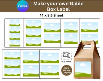 Gable Box Label Bundle, 8 Sizes Included, Printable Gable Box Front Label, Editable Drag and Drop, Custom DIY Sticker, Party Favor Box Label