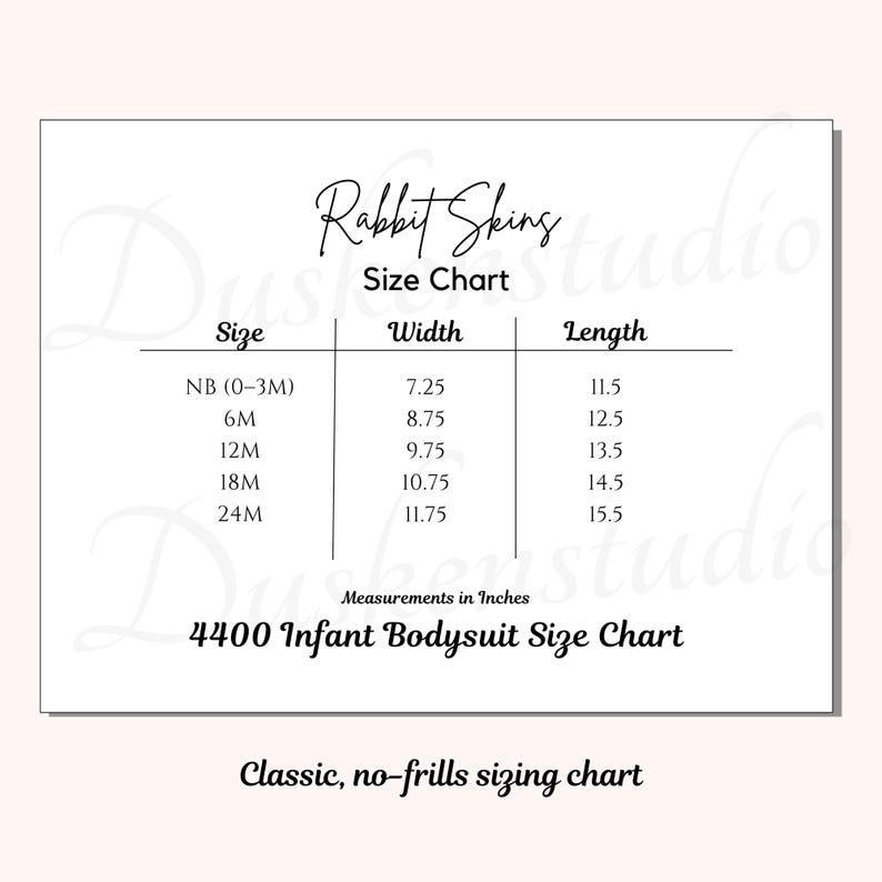 Rabbit Skins 4400 Size Chart Bundle, Infant Bodysuit Size Guide, Baby ...