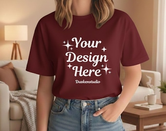 Maqueta de camiseta Bella Canvas color granate / Maqueta de camiseta de estilo de vida BC 3001 / Camiseta de estilo de vida neutra (JPG y PNG)